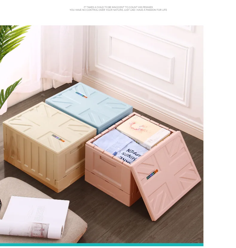 

Foldable Storage Box Plastic Storage Container Crate Box with Lid Large Size, Pink blue yellow