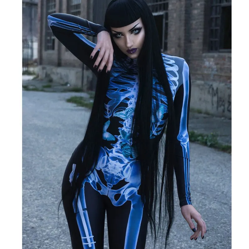 

Sexy Gothic Clothing Women Halloween Cosplay Skeleton Bodysuit, Black