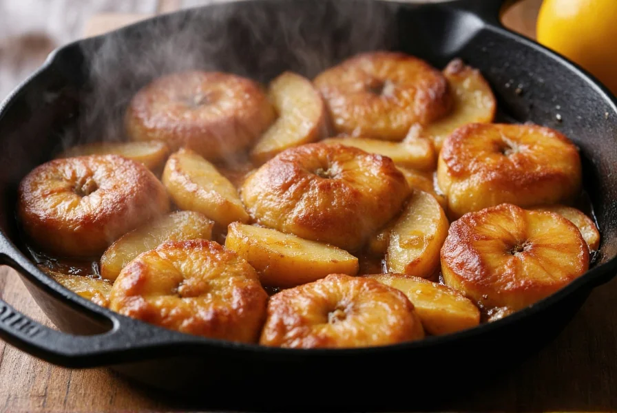 Perfectly caramelized cinnamon sugar apples in cast iron skillet with steam rising