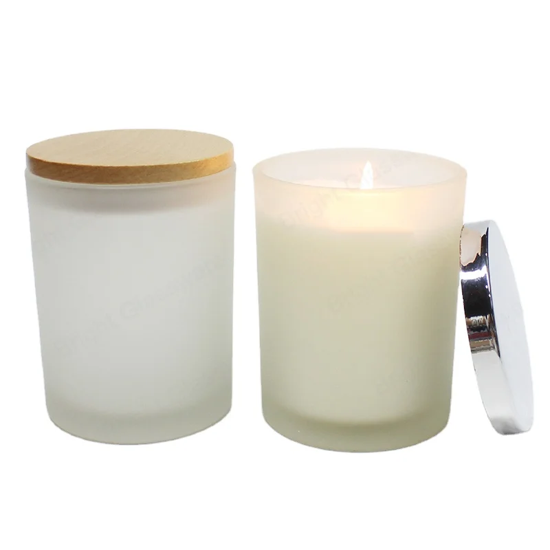 

300ml Frosted White Glass Candle Jar With Wood Lid 10oz Frosted White Glass Candle Container For Candle Making