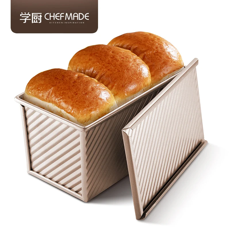 

CHEFMADE High Quality Rectangle Corrugated Non Stick Meat Cake Baking Bakery Toast Box Mould Bread Tray Mold Loaf Pan With Cover, Champagne gold