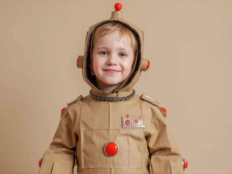 Child wearing cardboard robot costume with bottle-cap details