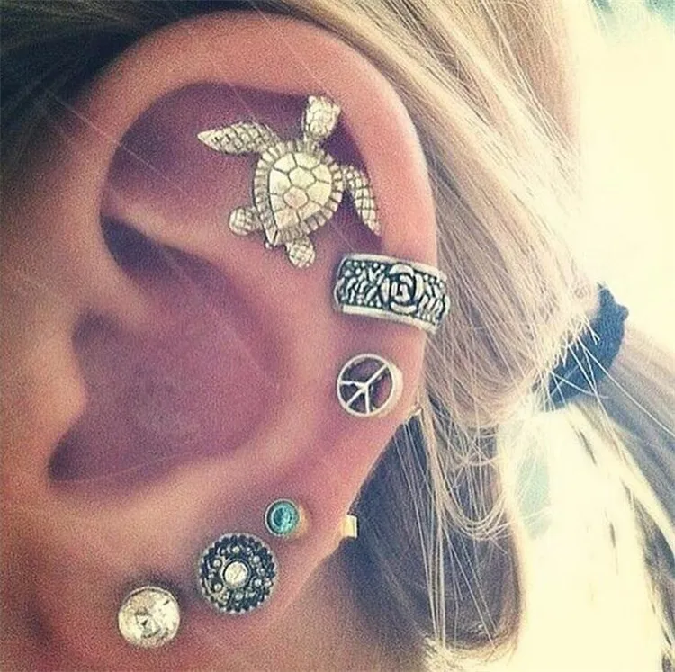 

Vintage Owl Leaves Alloy Stud Hoop Earring Set Boho Women Silver Arrow Fatima Hand Carved Jewelry Kit Ear Clip