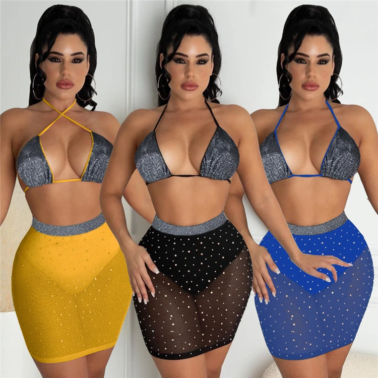 

DUODUOCOLOR Summer sequined tulle women dresses sexy night club fashion see through crop top and short set D97501