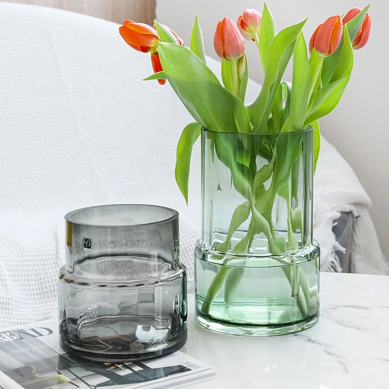 

Vase Decoration Living Room Flower Arrangement Nordic Simple Large Gray Striped Net Red Flowers Water Growing Glass Flower, Clear transparent