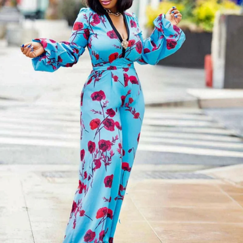 

Sexy V-neck Puff Sleeve Printed Casual Wide Leg Lady Jumpsuits Rompers, Blue