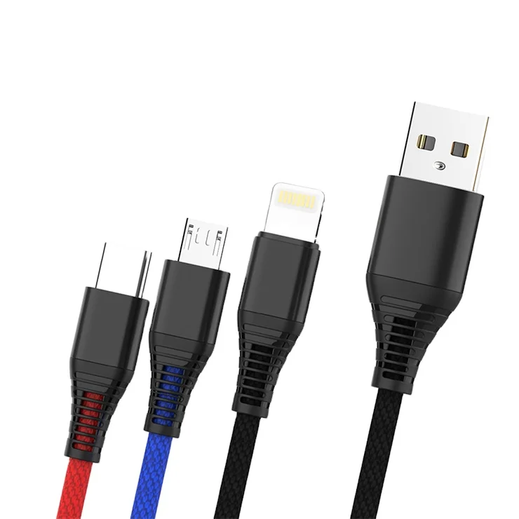 

1.2M 3A Fast Charging 3 IN 1 Nylon Braided Mirco USB Type C Data Cable, Red,black,blue