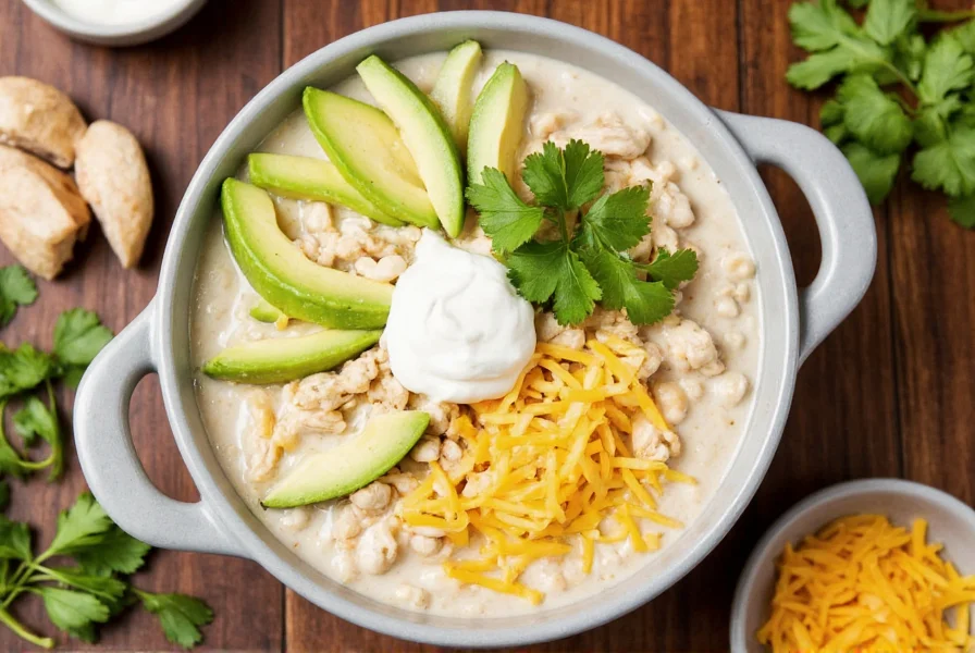 White chicken chili served in bowl with various toppings including avocado slices, sour cream, shredded cheese, and fresh cilantro