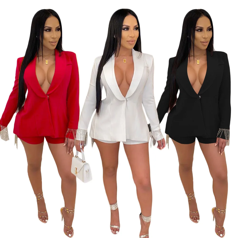 

Jacket for women OL solid color long sleeves Tassel blazer teddy jacket with short pants, As pictures