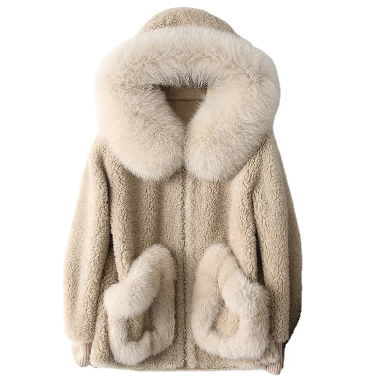 

A18103 women's winter wool warm real fox fur hood coat lady Real wool Long coat jacket overcoat
