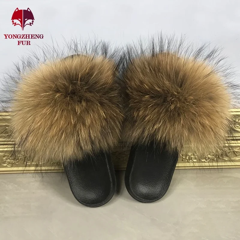 

real racoon fur Slippers Women fur slides natural fur slippers for women furry slippers