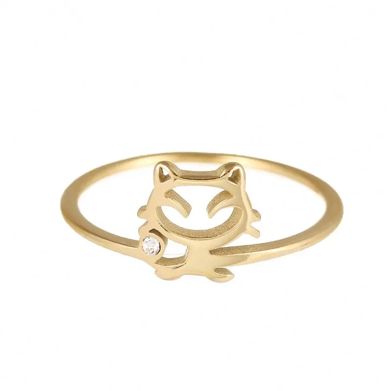 

14K Gold Plated Stainless Steel Zircon Jewelry Ladies Cute Cat Shape Lovely Ring