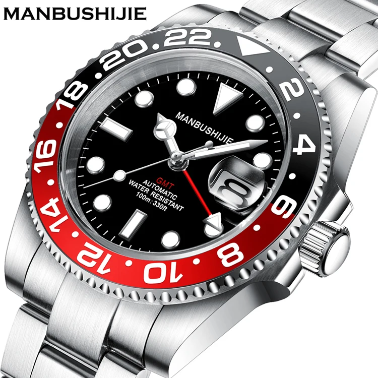 

MANBUSHIJIE Luxury Men Mechanical Watch Genius Sapphire Stainless Steel Strap GMT Waterproof 10ATM Automatic Custom Watch