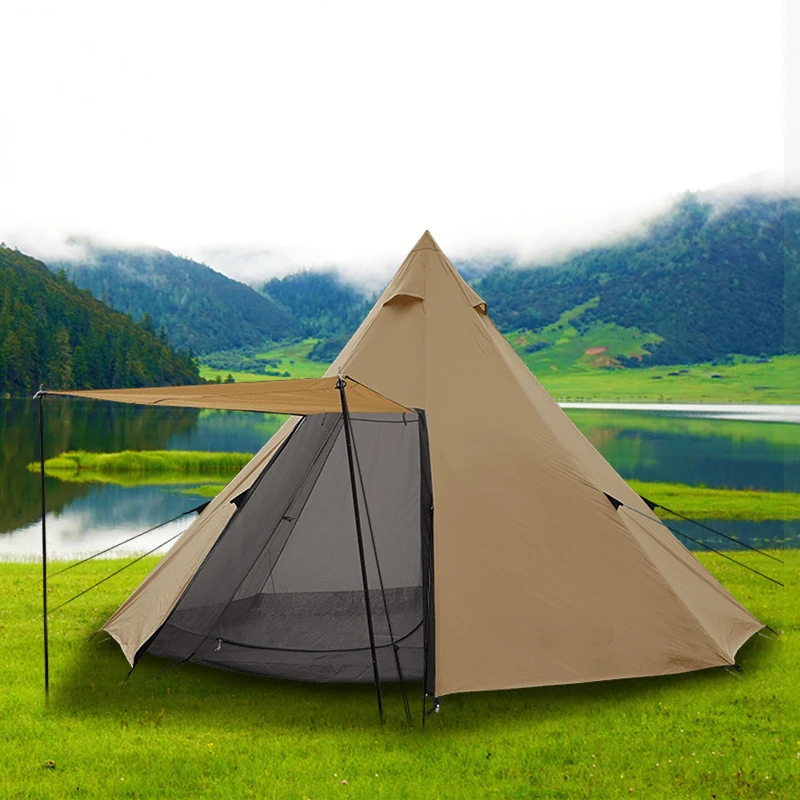 

Oxford Waterproof Pyramid Tent Camping Teepee Tent with Mosquito Net Door, Dark khaki /light khaki