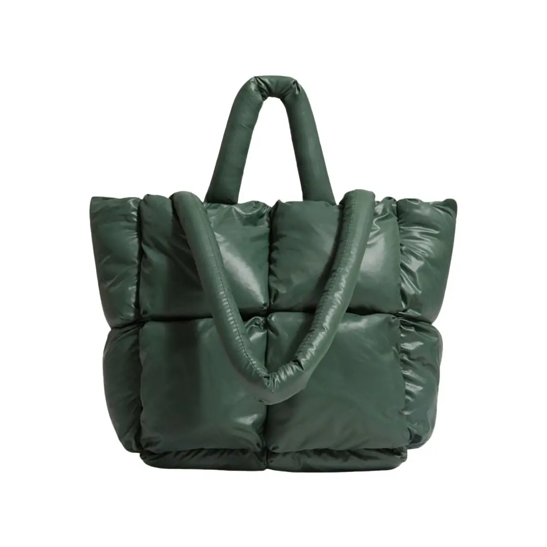 

Green Puffer Tote Bag for Women Quilted Puffy Handbag Light Winter Down Cotton Padded Shoulder Bag Down Padding Tote Bag