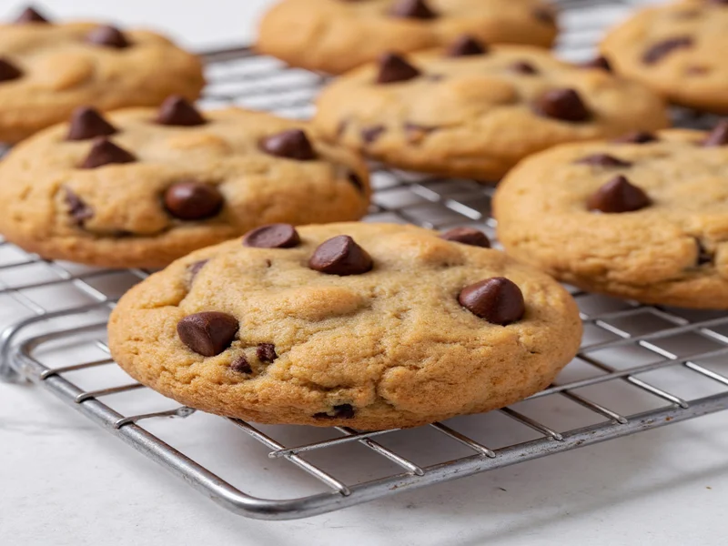Homemade chocolate chip cookies cooling on wire rack