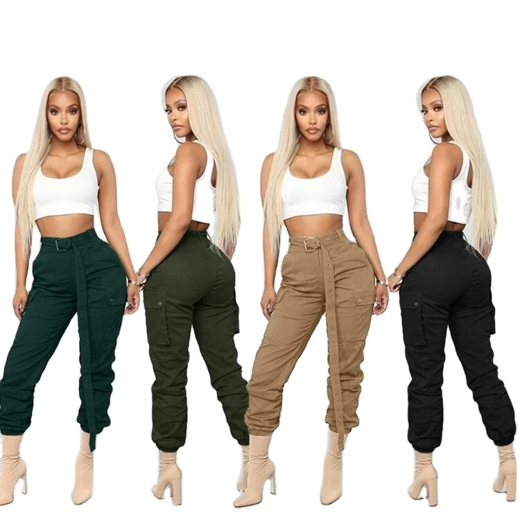 

2021 Women Casual Pants Mid Waist Belt Cargo Pants Solid Color Jogger Pants Women With Pockets
