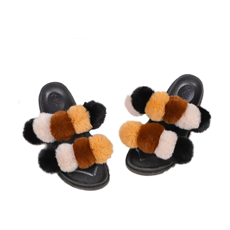 

high quality faux fur ball slipper for women, Show as pictures