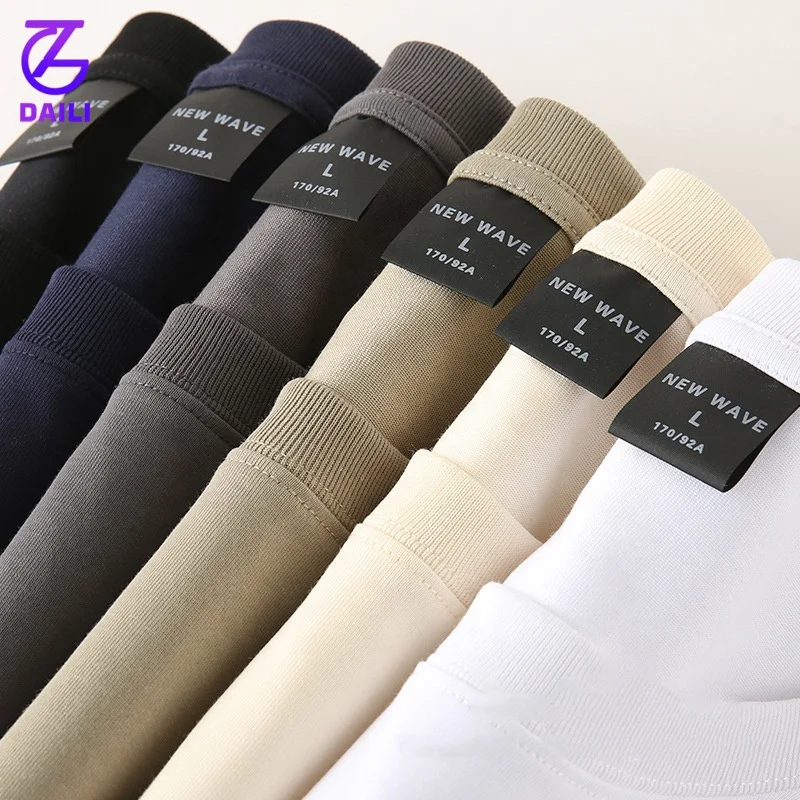 

New Arrival 240G Heavy Cotton Short Sleeve Tshirt Men Oversize Thick Collar Solid Color T Shirt