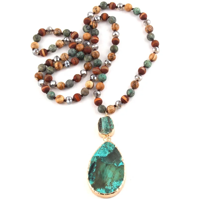 

Fashion Women Knotted Pic Jasper African Turquoise Gemstone Necklace Blue Drop/Rectangular Natural Stone Pendant Necklace