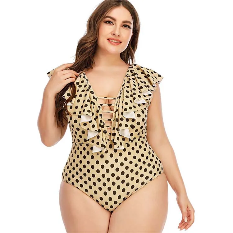 

2021 Fashion Custom Logo Women's Plus Size Swimwear Polka Dots Plunging V Neck Ruffle One Piece Swimsuits For Women