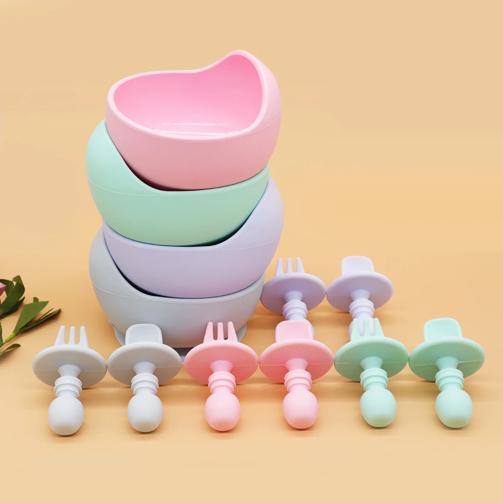 

Food Grade BPA Free Chewing Toddler Feeding Baby Training Silicone Spoon And Fork, Mint, pastel pink, light grey, light purple, customized
