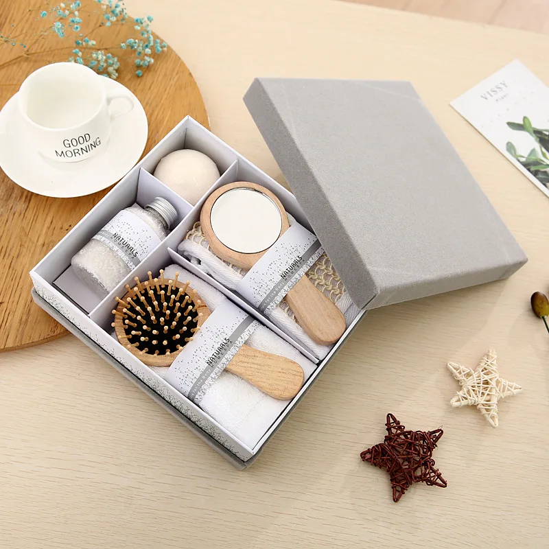 

Promotional wood heart box 6pcs bath accessory set sponge comb box spa set Bath Gift Set, Colors