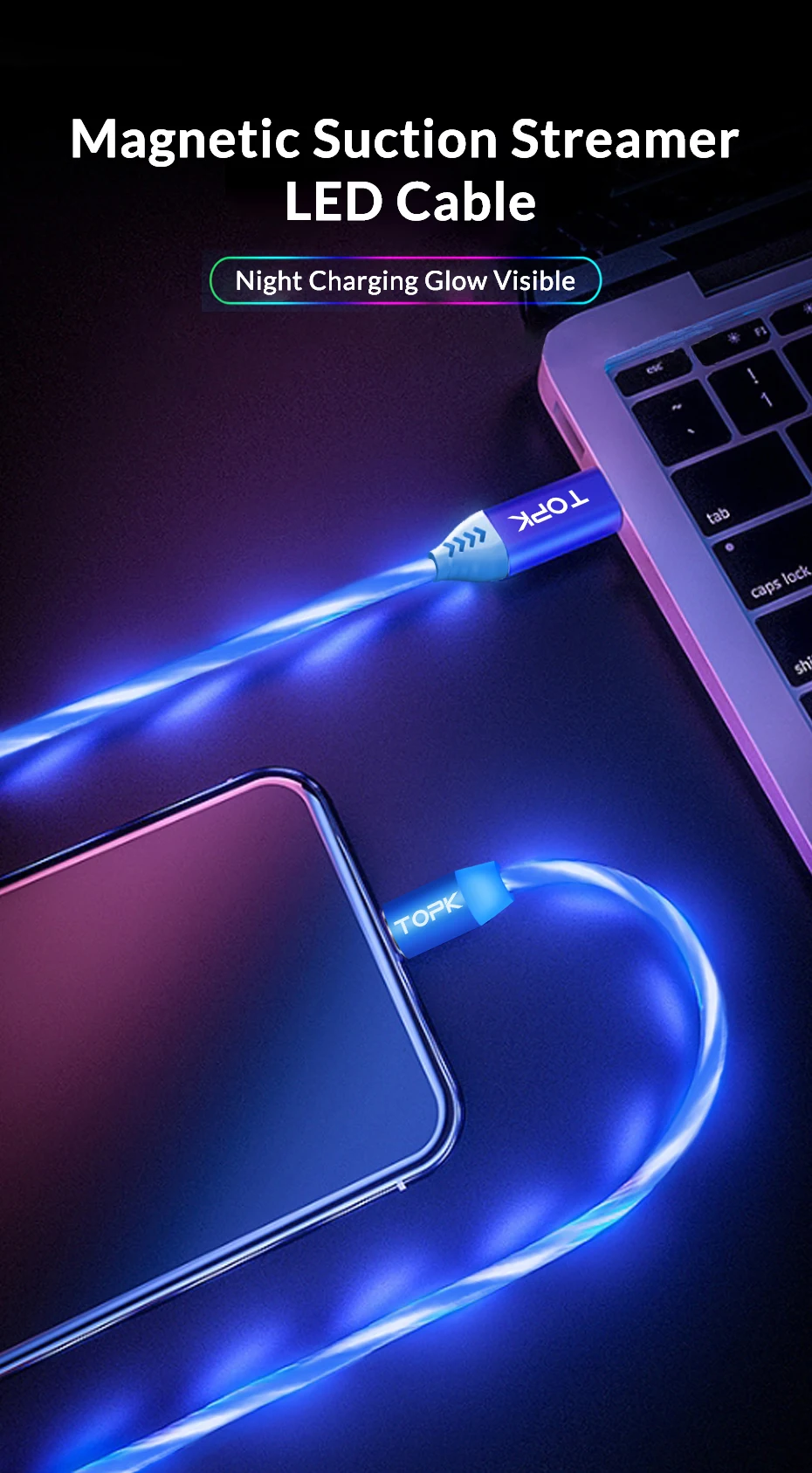 TOPK AM67 1M 3 In 1 Luminous LED Flowing Magnetic Phone Charging Cable For IOS Android Type C - ANKUX.COM