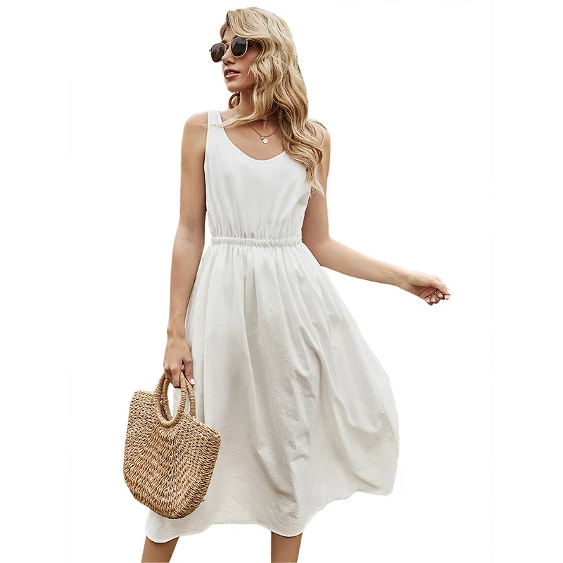 

100% Cotton Sleeveless Elegant Womens Vest Round Neck Solid White Midi Dresses French Romantic White Suspender Dresses