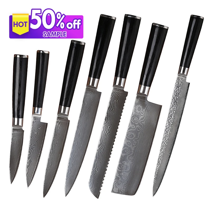 

Hot sale 8CR14 Damascus Steel Professional 7pcs Kitchen Knife Set Pakka wooden 430 handle japanese damascus knife set