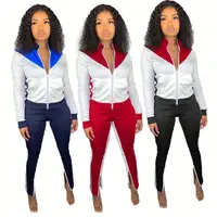 

11302NA popular zippers contrast color fall leisure women 2 piece set clothing