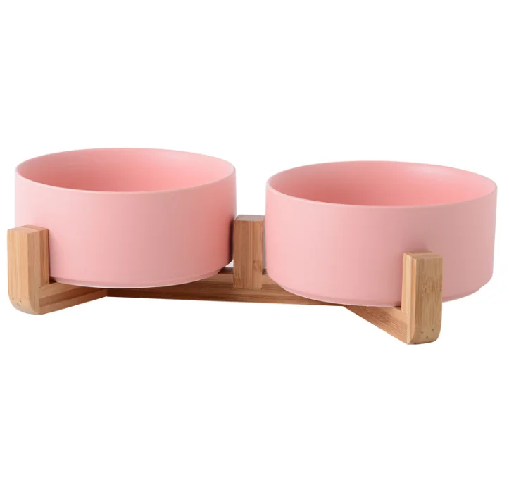 

Wholesale Ceramic Pet Bowls Bamboo Stand Double Pet Bowls For Dogs and Cats