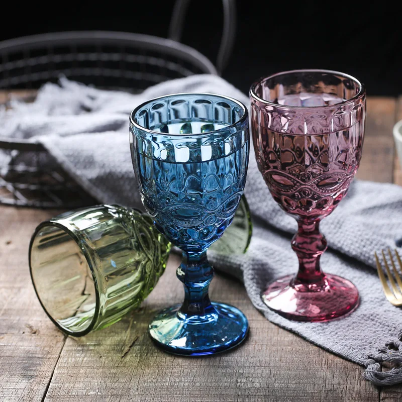 

Highest Selling Product 2021 Top Quality Colored Wine Glasses For Party And Wedding Embossed Stemless Wine Glass Tumbler Glass, Customized color acceptable