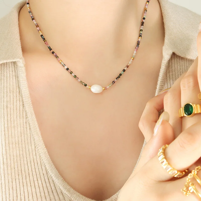 

New Design Small Natural Stone Tourmaline Stainless Steel Beads Freshwater Pearl Gemstone Choker Necklace P1384