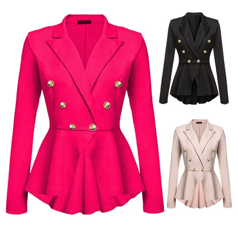 

Womens Tailored Suits Beige Peplum Top Double Breasted Blazer Formal Wear Office Work Clothes Pink Suit Jacket