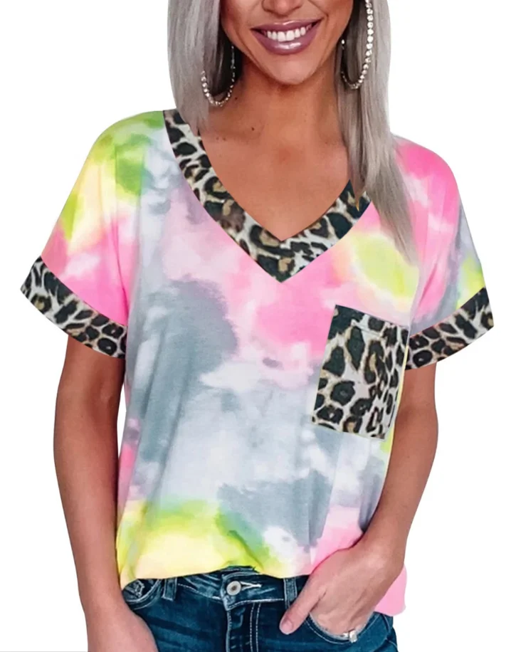 

Wholesale popular hot sell tie dye print customized women t-shirt with leopard stripe v-neck