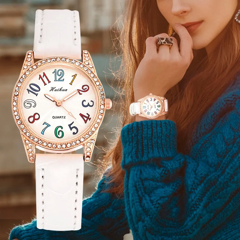 

Top Brand Luxury Watch Women Custom Watches Bling Wristwatches Diamond Ladies Leather Girl Quartz Watches Relojes, As picture