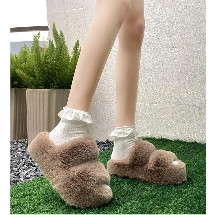 

BUSY GIRL YX4650 Fur Slides Slippers Women Chunky Heels For Ladies Platform Fluffy Slippers 2023 6cm Fur Slippers For Women