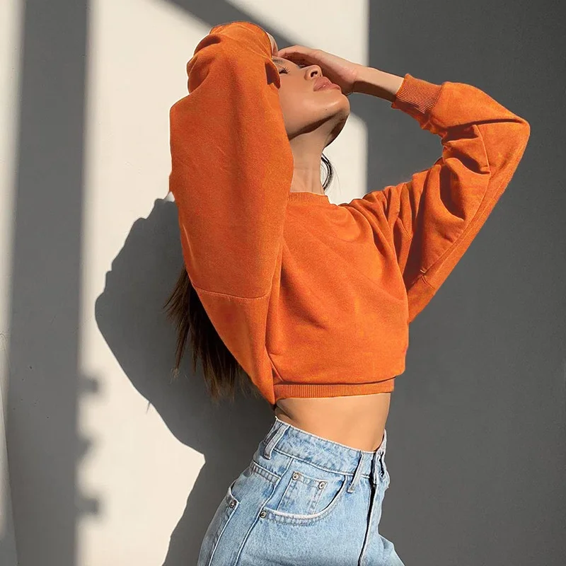 

23475P New arrival ladies crop top hoodie 2020 trends clothing pure color high waist hoodies for women