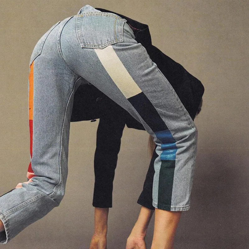 

fashionable 2021 Europe new style stripe print High Waist Loose Straight Solid denim Jeans Women Spring Summer Streetwear
