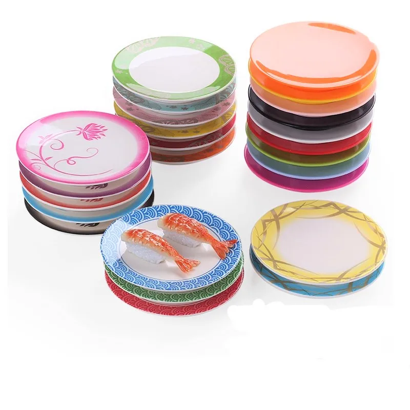 

Colorful Japanese Style Melamine Sushi Plate for Restaurant Conveyor belt Round Pizza Sushi Plates