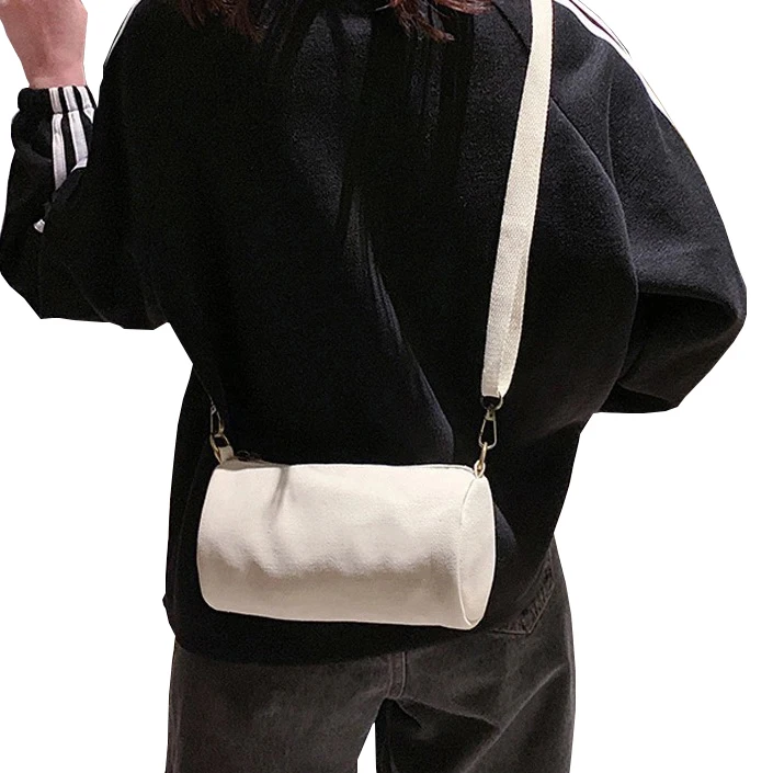 

fashion canvas circle circular shoulder bag for men and women canvas cylinder crossbody bag with adjustable strap, Black,white,blue,brown