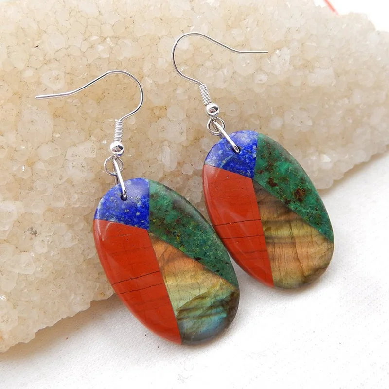 

Oval Lapis Lazuli, Red River Jasper, African Turquoise and Labradorite Intarsia Gemstone Hook Pendant Earrings, 30x20x5mm, 10.5g, Colorful
