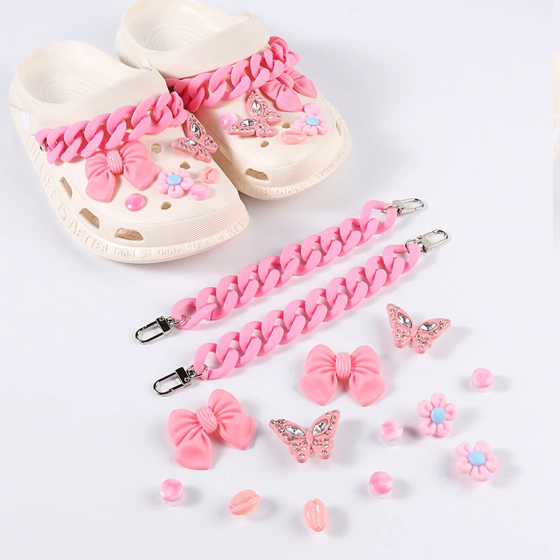 

Fashion Jewelry Cute Link Chain Bowknot Pink Flower DIY Croc Shoes Charm Accessories for Clog Shoes Decoration