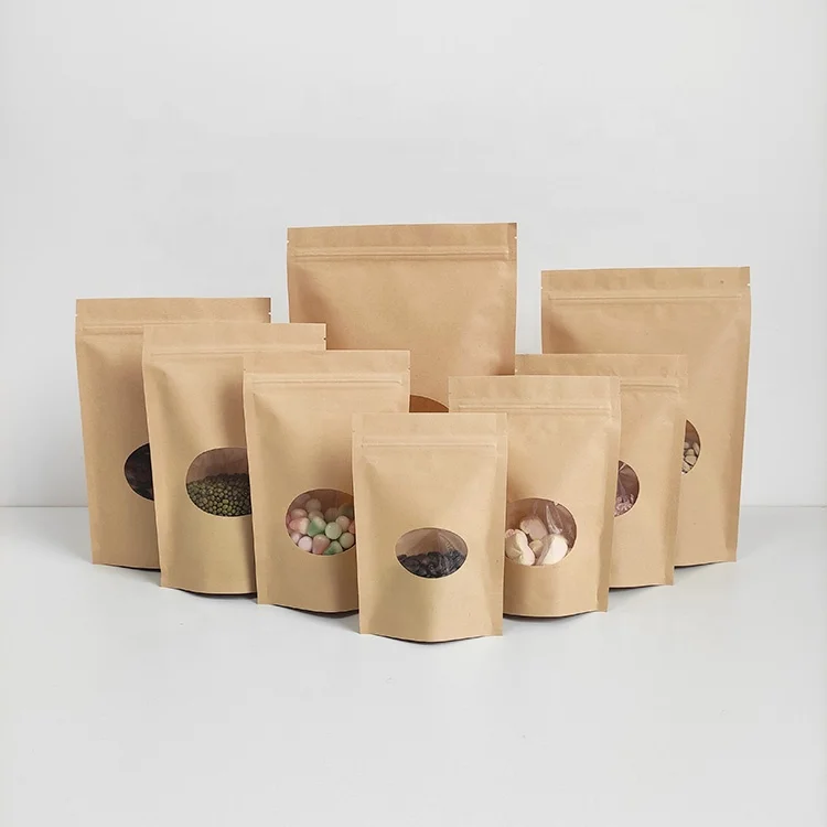 

18x26 cm 7x10 inch plain food packaging ziplick stand up bolsa brown craft kraft paper pouch bag with oval window