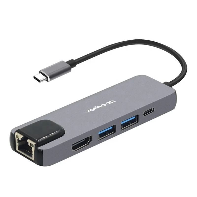 

5 in 1 USB Type C Adapter Hub USB 3.0 4K HDTV RJ45 Gigabit Ethernet USB Hubs Laptop Docking Station, Grey