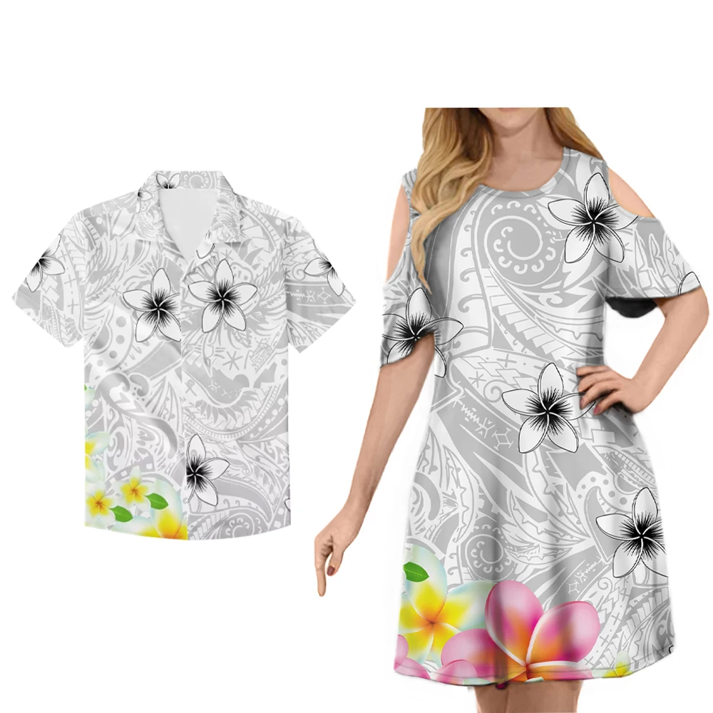 

New Arrivals Summer Women Dress Polynesian Tribal Design Couple Clothing Lady Cold Shoulder Short Sleeve Dress Match Men's Shirt, Customized color