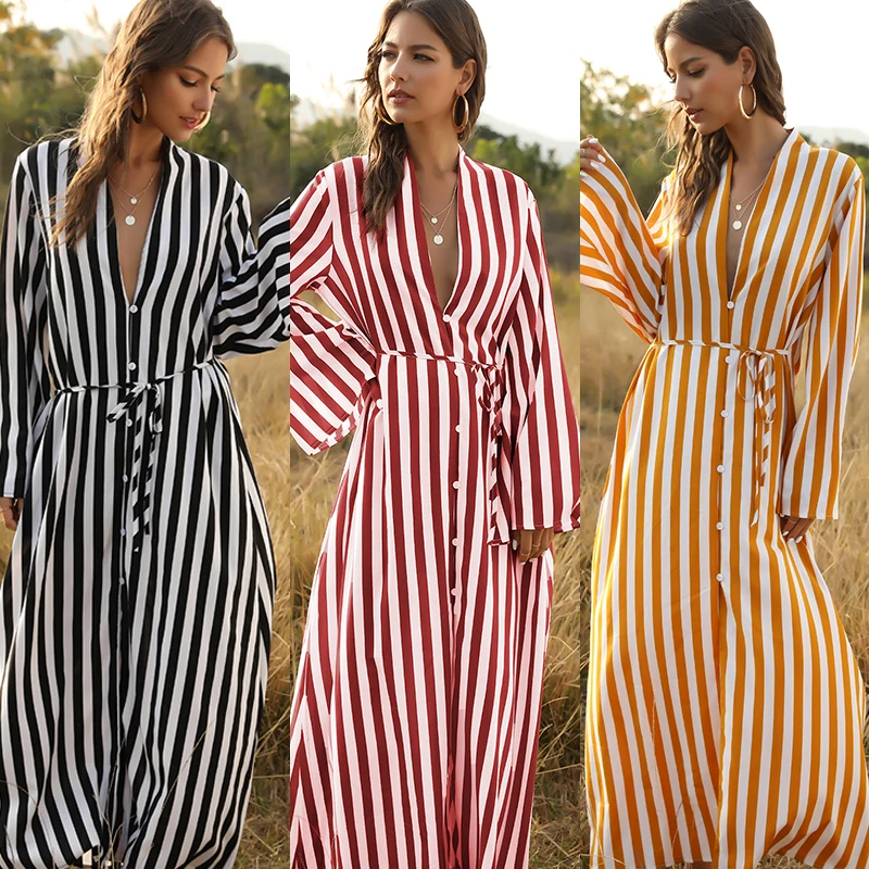 Hot Design Pink Color Stripes Orange Color Stripes black Stripes V Neck Girls Women Casual Dress Holiday Women Clothing