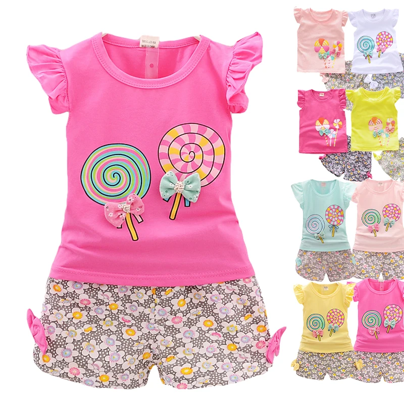 

2022 New kids t-shirt and short set casual cotton toddler kids summer boutique clothes girls 2 piece sets, 8 colors
