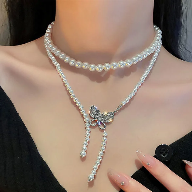 

Korean Vision Retro Crystal Pearl Heart Butterfly Pendant Choker Necklace Clavicle Chain Jewelry for Women
